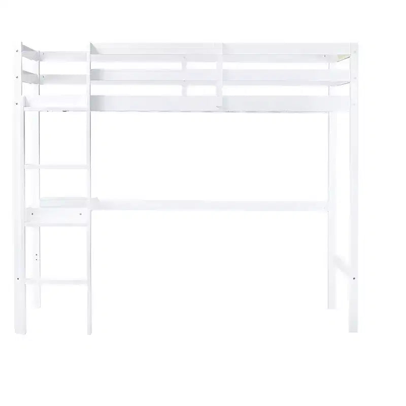 Lit mezzanine double Bellemave en bois avec bureau, lit mezzanine double moderne avec garde-corps, bureau et échelle intégrés, blanc