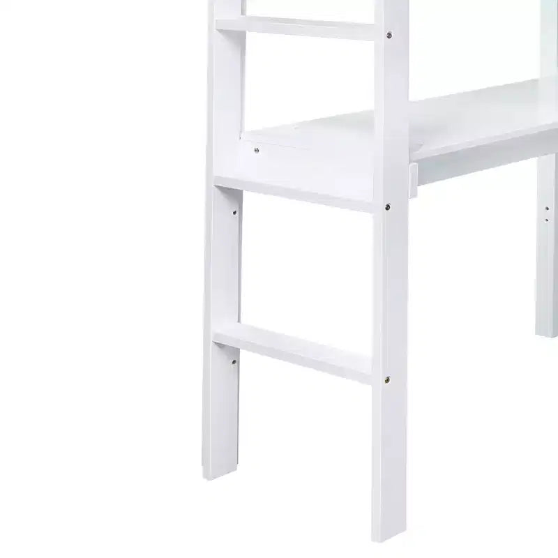 Lit mezzanine double Bellemave en bois avec bureau, lit mezzanine double moderne avec garde-corps, bureau et échelle intégrés, blanc
