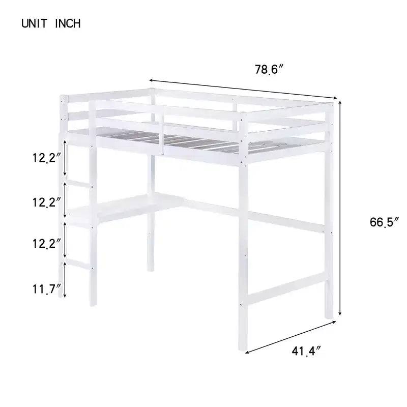 Lit mezzanine double Bellemave en bois avec bureau, lit mezzanine double moderne avec garde-corps, bureau et échelle intégrés, blanc