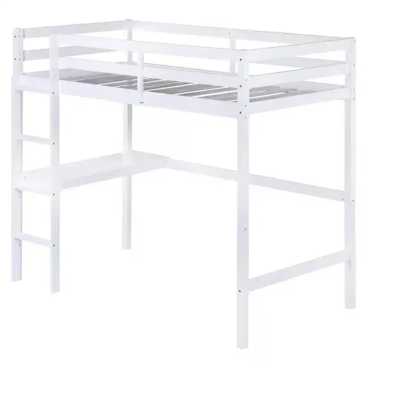 Lit mezzanine double Bellemave en bois avec bureau, lit mezzanine double moderne avec garde-corps, bureau et échelle intégrés, blanc