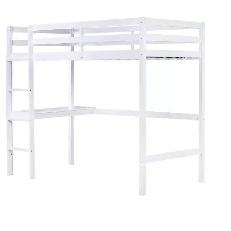 Lit mezzanine double Bellemave en bois avec bureau, lit mezzanine double moderne avec garde-corps, bureau et échelle intégrés, blanc