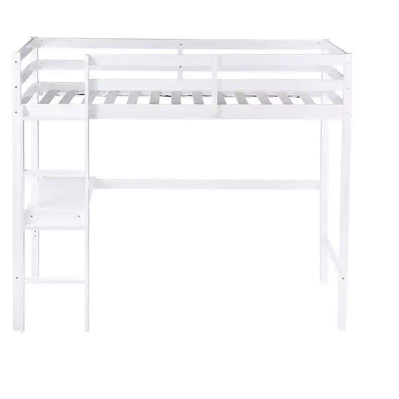 Lit mezzanine double Bellemave en bois avec bureau, lit mezzanine double moderne avec garde-corps, bureau et échelle intégrés, blanc