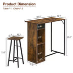 Ensemble de table de bar, ensemble de table de bar 3 pièces avec tiroir de rangement et étagère, ensemble de table peu encombrant, petite table et ensemble de 2 chaises