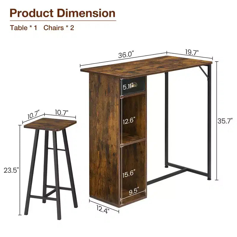 Ensemble de table de bar, ensemble de table de bar 3 pièces avec tiroir de rangement et étagère, ensemble de table peu encombrant, petite table et ensemble de 2 chaises