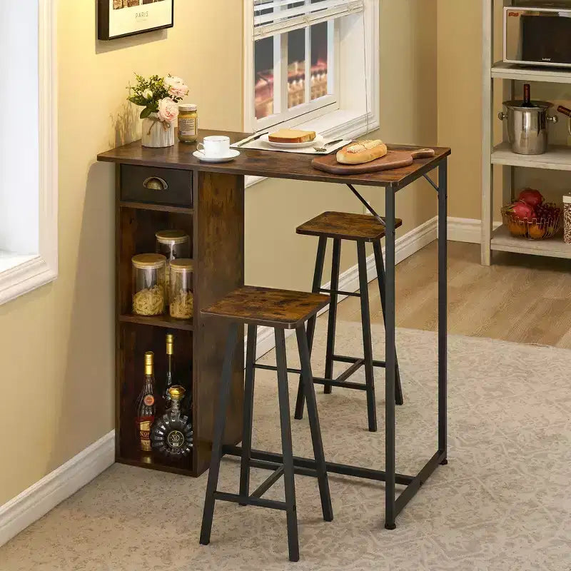 Ensemble de table de bar, ensemble de table de bar 3 pièces avec tiroir de rangement et étagère, ensemble de table peu encombrant, petite table et ensemble de 2 chaises
