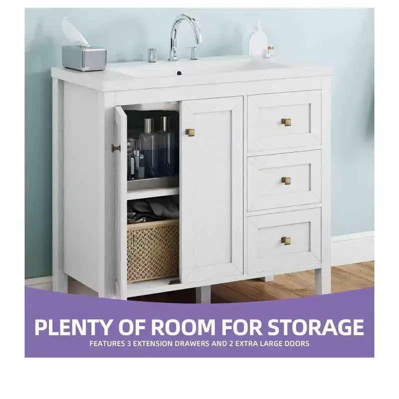 Meuble-lavabo de salle de bain de 36 pouces avec évier en céramique, meuble de rangement de salle de bain avec 2 portes et 3 tiroirs