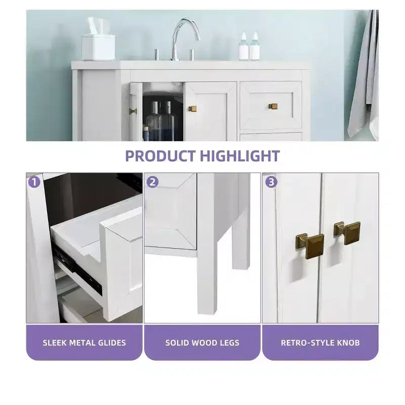 Meuble-lavabo de salle de bain de 36 pouces avec évier en céramique, meuble de rangement de salle de bain avec 2 portes et 3 tiroirs