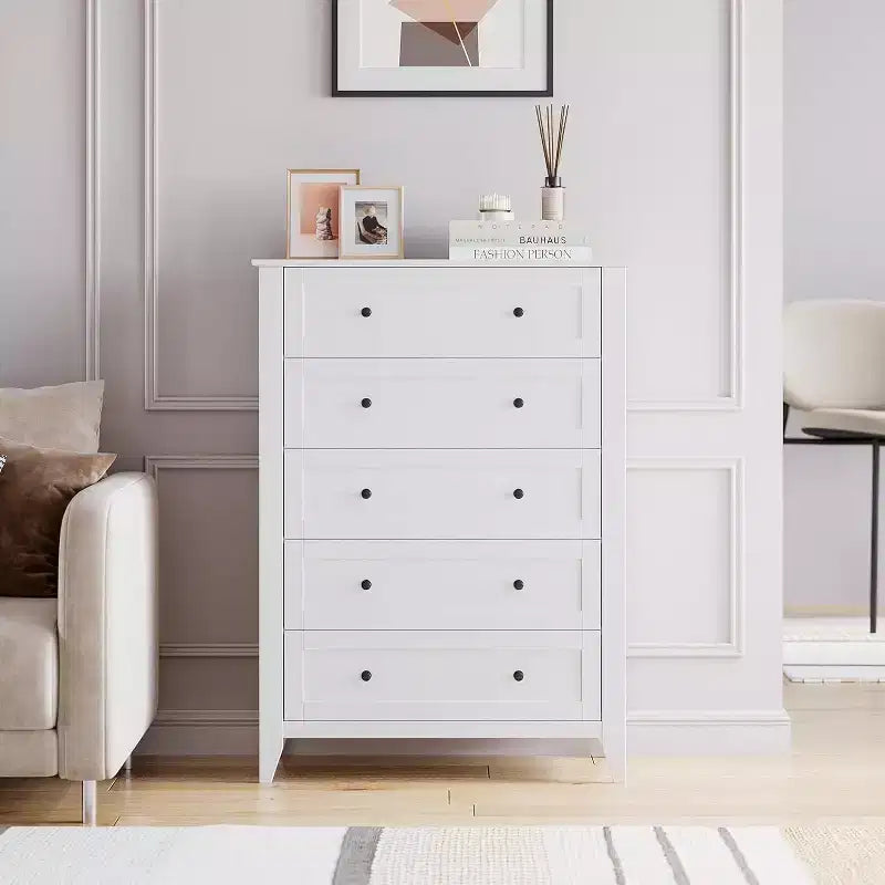 Commode à 5 tiroirs pour chambre à coucher - avec tiroirs profonds et poignées métalliques, commode en bois moderne pour salon, entrée, couloir