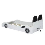 Lit plate-forme Bellemave en forme de voiture de course, taille double, avec LED et dossier rembourré, blanc
