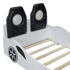 Lit plate-forme Bellemave en forme de voiture de course, taille double, avec LED et dossier rembourré, blanc