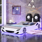 Lit plate-forme Bellemave en forme de voiture de course, taille double, avec LED et dossier rembourré, blanc