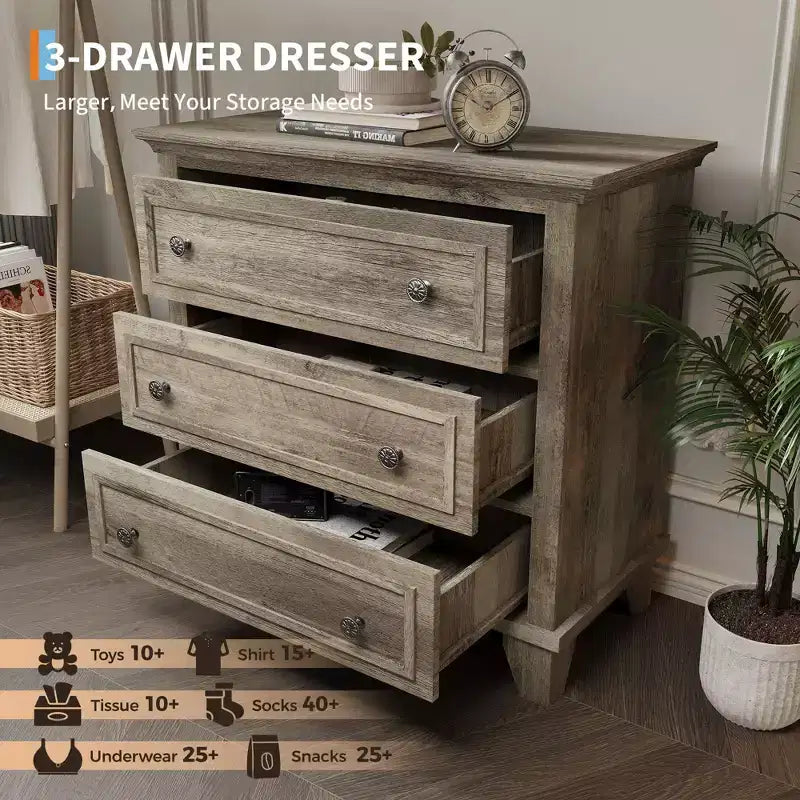 Commode à 3 tiroirs pour chambre à coucher, commode en bois de 81 cm de large, petite table de chevet, organisateur de rangement de vêtements pour chambre à coucher