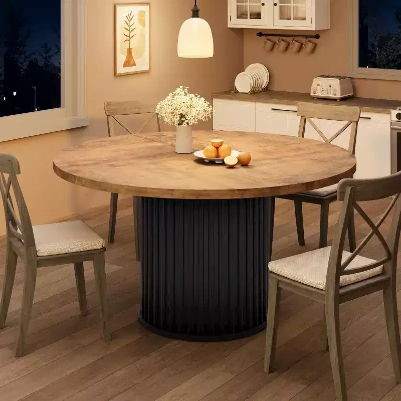 Table à manger ronde industrielle de 47 pouces pour 4 à 6 personnes, table de salle à manger avec base piédestal en métal robuste ondulé, pour salle à manger, cuisine