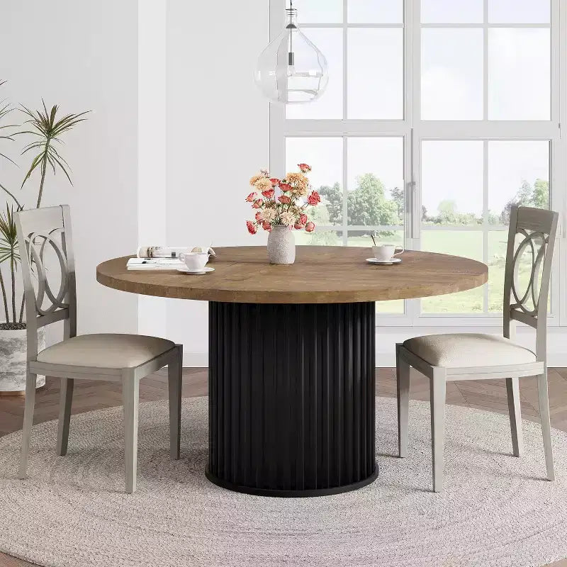 Table à manger ronde industrielle de 47 pouces pour 4 à 6 personnes, table de salle à manger avec base piédestal en métal robuste ondulé, pour salle à manger, cuisine