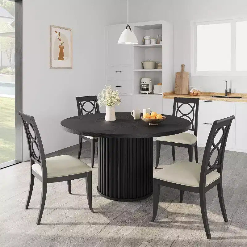 Table à manger ronde industrielle de 47 pouces pour 4 à 6 personnes, table de salle à manger avec base piédestal en métal robuste ondulé, pour salle à manger, cuisine