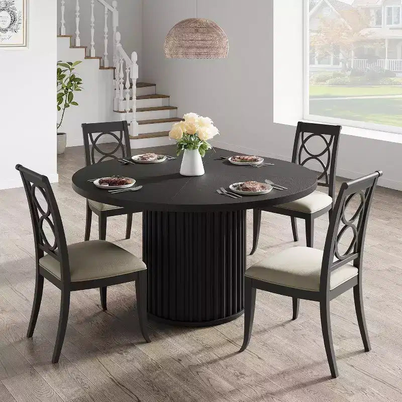 Table à manger ronde industrielle de 47 pouces pour 4 à 6 personnes, table de salle à manger avec base piédestal en métal robuste ondulé, pour salle à manger, cuisine