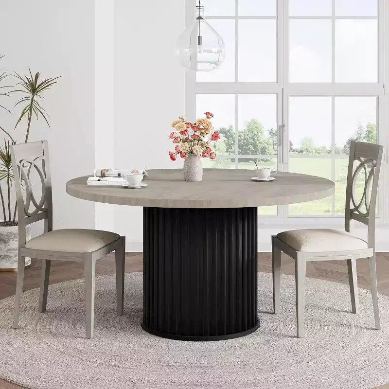 Table à manger ronde industrielle de 47 pouces pour 4 à 6 personnes, table de salle à manger avec base piédestal en métal robuste ondulé, pour salle à manger, cuisine