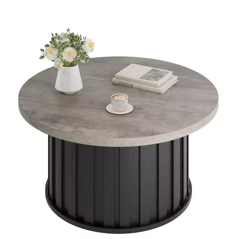 Table basse ronde 32, table basse de style Mid-Century avec base en métal, table basse cannelée pour salon, bureau, appartement