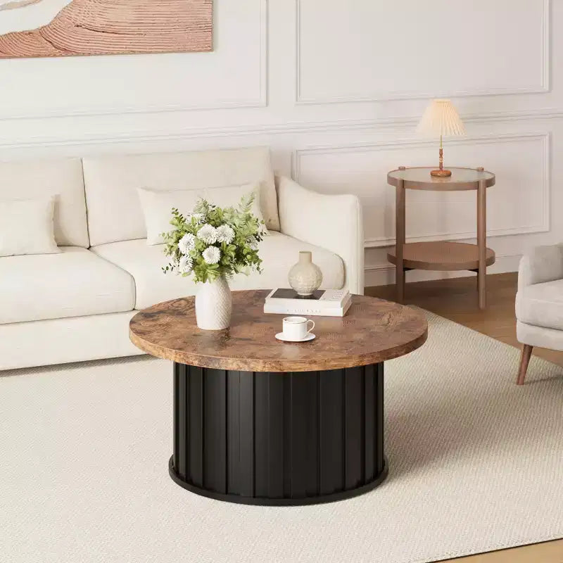 Table basse ronde 32, table basse de style Mid-Century avec base en métal, table basse cannelée pour salon, bureau, appartement