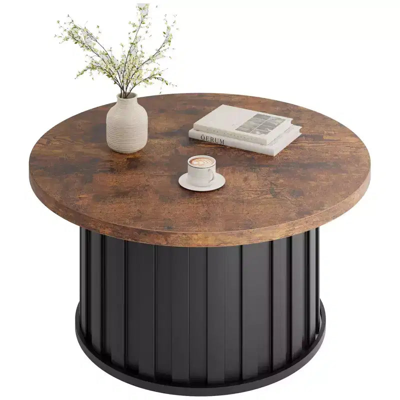 Table basse ronde 32, table basse de style Mid-Century avec base en métal, table basse cannelée pour salon, bureau, appartement