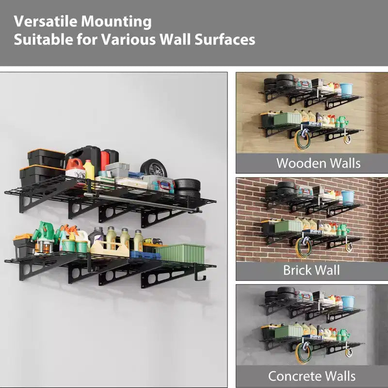 Lot de 2 étagères murales robustes Rangement de garage pour atelier/cabanon (étagères flottantes, noir)