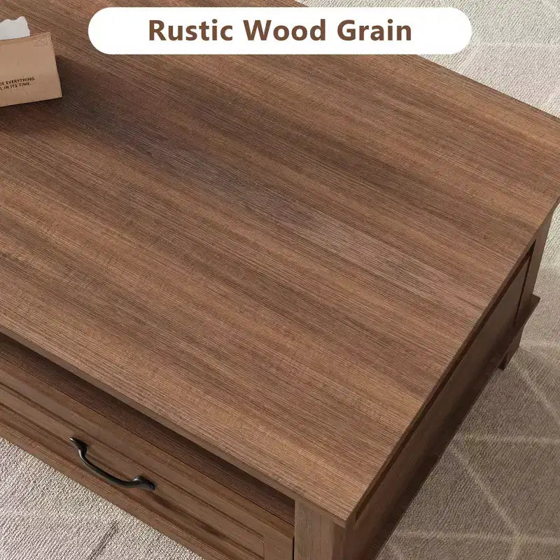 Table basse de style rustique avec tiroirs, 120 cm, finition grain de bois noir, 2 tiroirs et étagère ouverte, pour salon