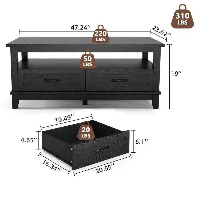 Table basse de style rustique avec tiroirs, 120 cm, finition grain de bois noir, 2 tiroirs et étagère ouverte, pour salon