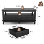 Table basse de style rustique avec tiroirs, 120 cm, finition grain de bois noir, 2 tiroirs et étagère ouverte, pour salon