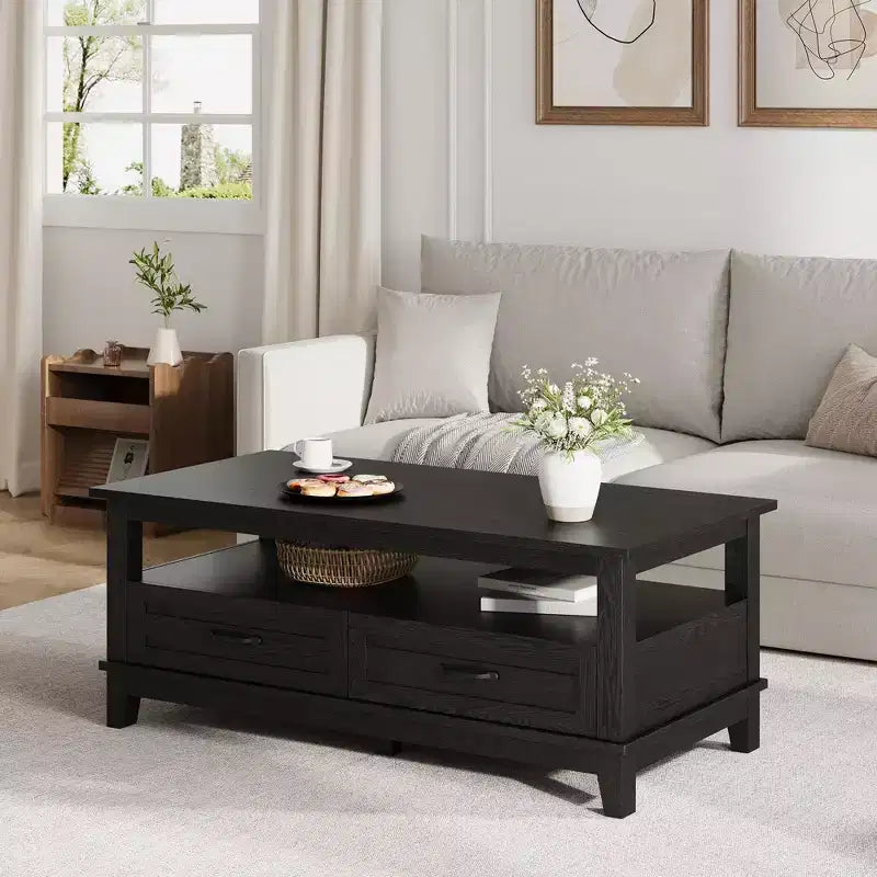 Table basse de style rustique avec tiroirs, 120 cm, finition grain de bois noir, 2 tiroirs et étagère ouverte, pour salon