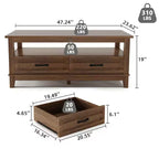 Table basse de style rustique avec tiroirs, 120 cm, finition grain de bois noir, 2 tiroirs et étagère ouverte, pour salon