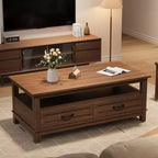 Table basse de style rustique avec tiroirs, 120 cm, finition grain de bois noir, 2 tiroirs et étagère ouverte, pour salon