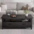 Coffee Table Farmhouse with Drawers, 47.2 Rustic Center Table Black Wood Grain, 2-Drawer & Open Shelf Storage for Living Room