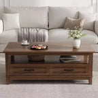 Table basse de style rustique avec tiroirs, 120 cm, finition grain de bois noir, 2 tiroirs et étagère ouverte, pour salon