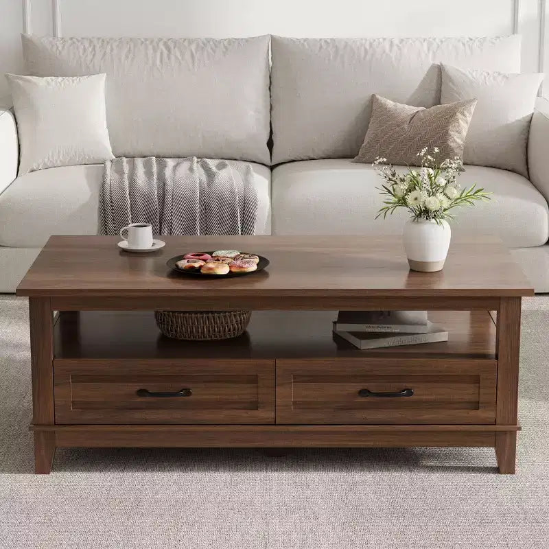 Table basse de style rustique avec tiroirs, 120 cm, finition grain de bois noir, 2 tiroirs et étagère ouverte, pour salon