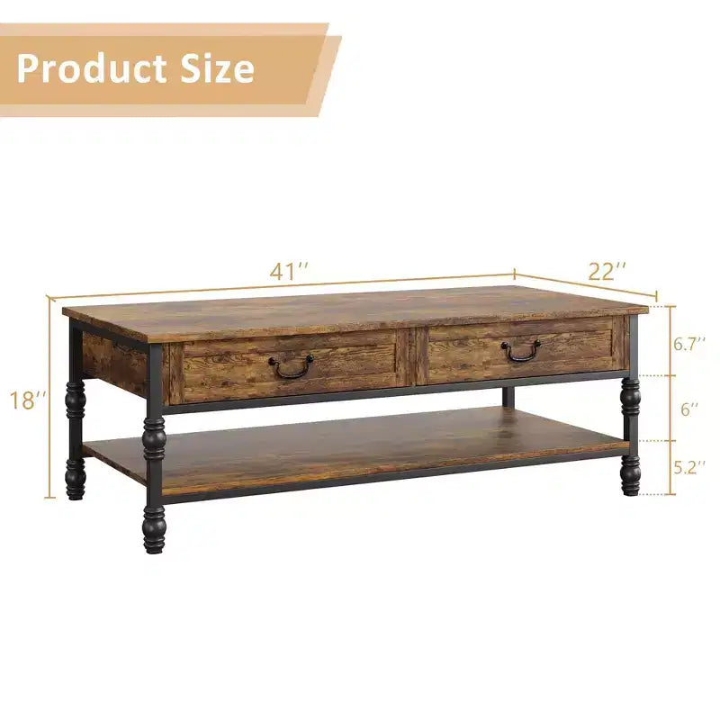 Table basse, Table basse rustique de 41'' avec 2 tiroirs de rangement - Table rectangulaire en bois avec pieds en métal (salon/bureau)
