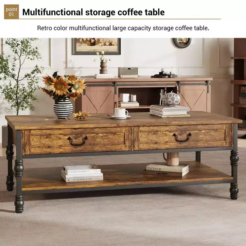 Table basse, Table basse rustique de 41'' avec 2 tiroirs de rangement - Table rectangulaire en bois avec pieds en métal (salon/bureau)
