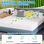 Matelas BestMassage 10 pouces, matelas en mousse à mémoire de forme au charbon de bambou, matelas de fermeté moyenne certifié CertiPUR-US