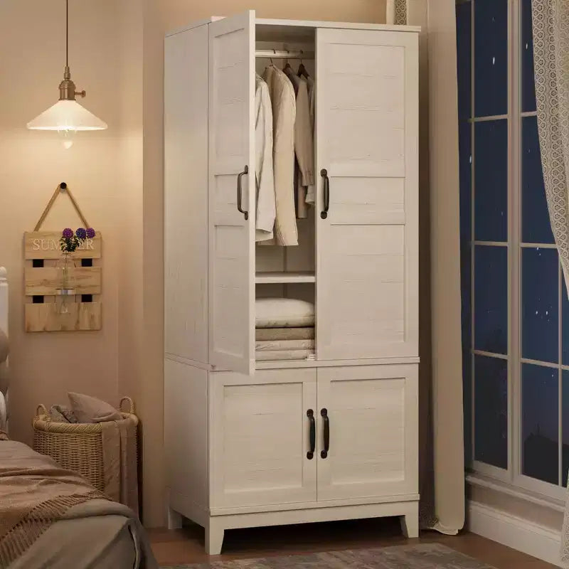 Armoire en bois de 72 po avec tringles de suspension – Grande armoire autoportante avec 18 étagères réglables, 4 portes, charnières à fermeture douce – Rangement style rustique