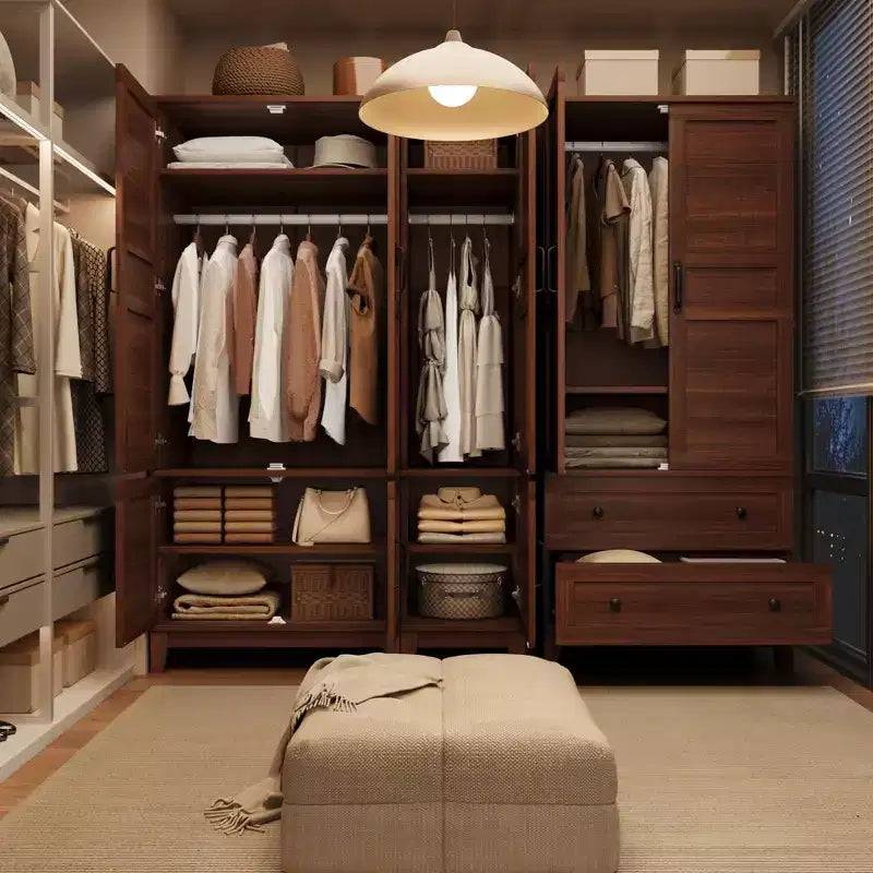 Armoire en bois de 72 po avec tringles de suspension – Grande armoire autoportante avec 18 étagères réglables, 4 portes, charnières à fermeture douce – Rangement style rustique