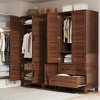 Armoire en bois de 72 po avec tringles de suspension – Grande armoire autoportante avec 18 étagères réglables, 4 portes, charnières à fermeture douce – Rangement style rustique