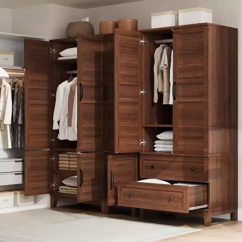 Armoire en bois de 72 po avec tringles de suspension – Grande armoire autoportante avec 18 étagères réglables, 4 portes, charnières à fermeture douce – Rangement style rustique