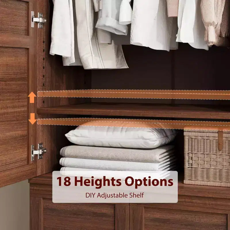 Armoire en bois de 72 po avec tringles de suspension – Grande armoire autoportante avec 18 étagères réglables, 4 portes, charnières à fermeture douce – Rangement style rustique