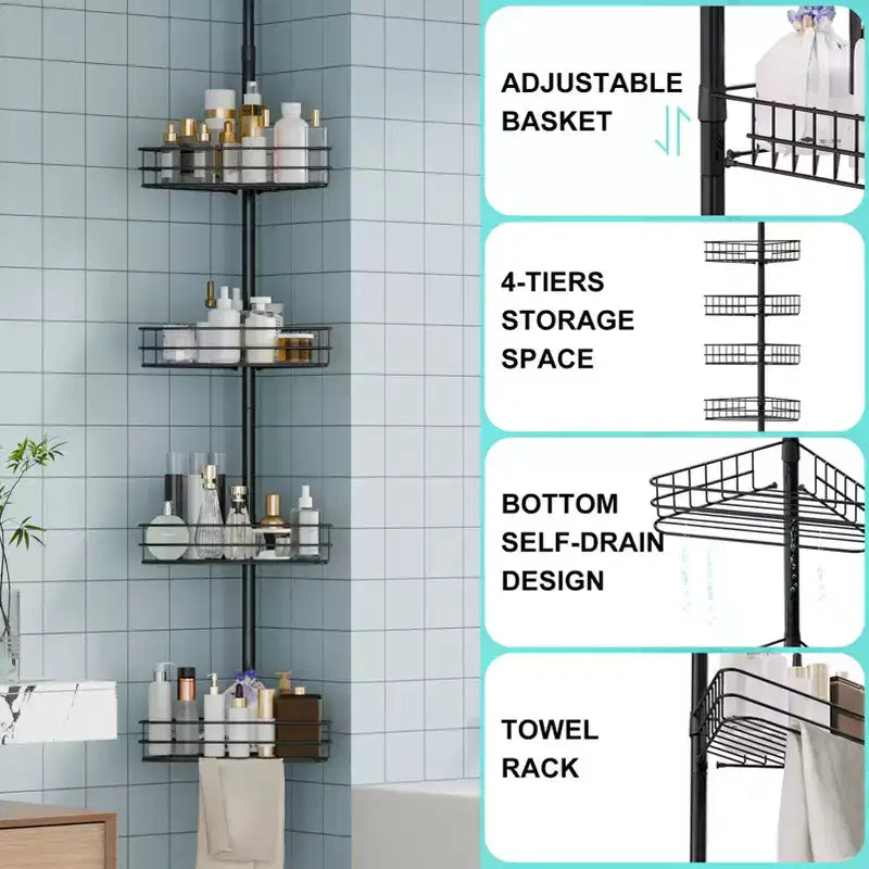 Étagère d'angle de douche réglable pour salle de bain, Étagère de salle de bain sur pied, Étagères de rangement de salle de bain 4 niveaux antirouille pour shampoing de baignoire, noir