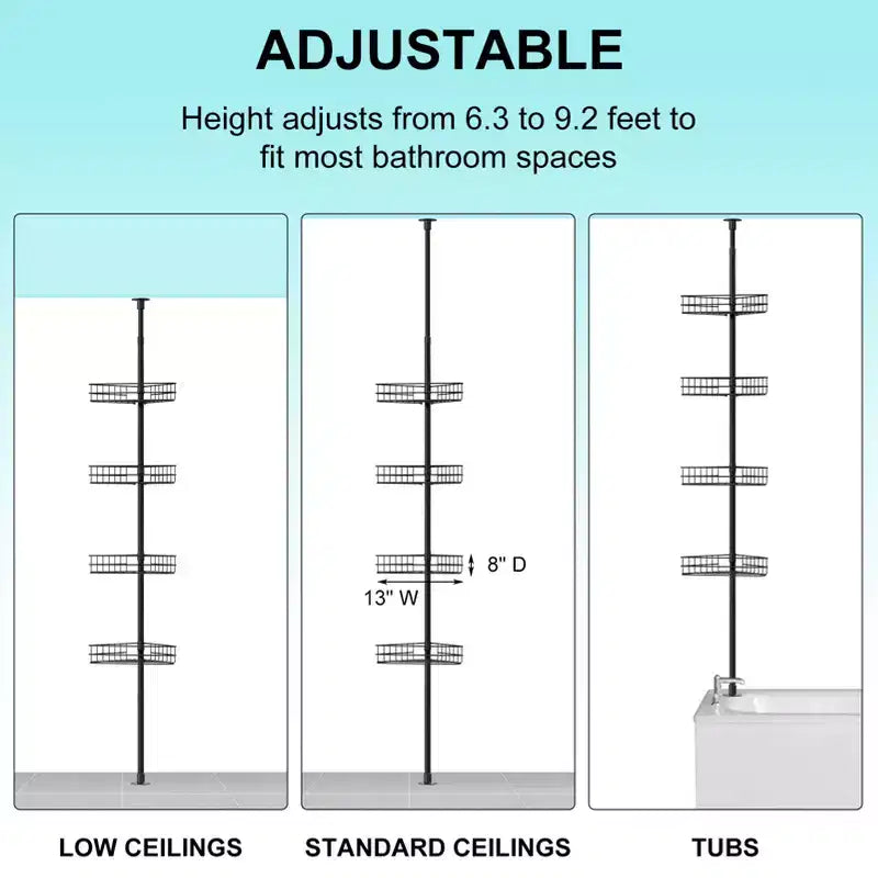Étagère d'angle de douche réglable pour salle de bain, Étagère de salle de bain sur pied, Étagères de rangement de salle de bain 4 niveaux antirouille pour shampoing de baignoire, noir