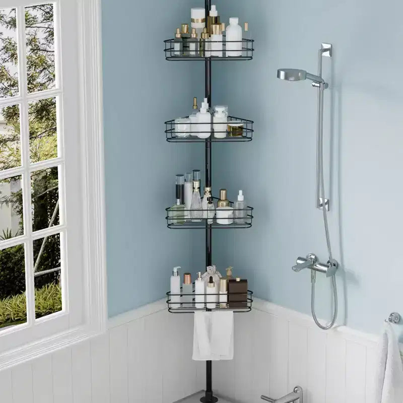 Étagère d'angle de douche réglable pour salle de bain, Étagère de salle de bain sur pied, Étagères de rangement de salle de bain 4 niveaux antirouille pour shampoing de baignoire, noir