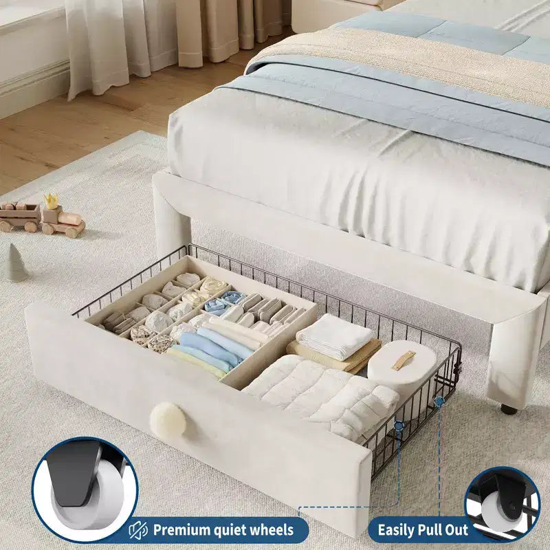 Lit pour enfant, lit plateforme jumeau rembourré, lit pour tout-petit avec tête de lit et tiroir de rangement, lit plateforme princesse