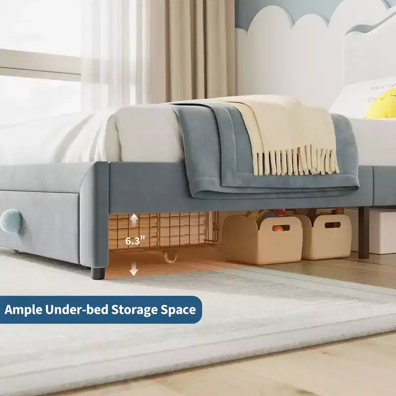 Lit pour enfant, lit plateforme jumeau rembourré, lit pour tout-petit avec tête de lit et tiroir de rangement, lit plateforme princesse
