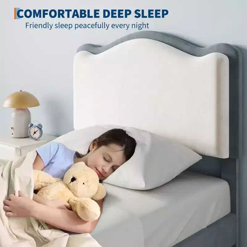 Lit pour enfant, lit plateforme jumeau rembourré, lit pour tout-petit avec tête de lit et tiroir de rangement, lit plateforme princesse