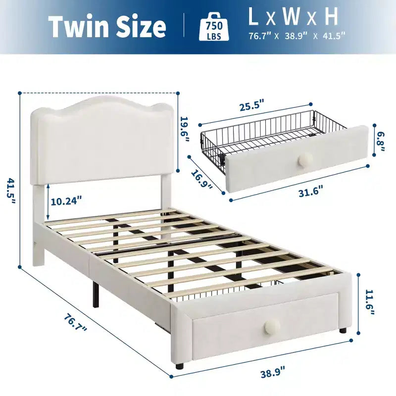 Lit pour enfant, lit plateforme jumeau rembourré, lit pour tout-petit avec tête de lit et tiroir de rangement, lit plateforme princesse