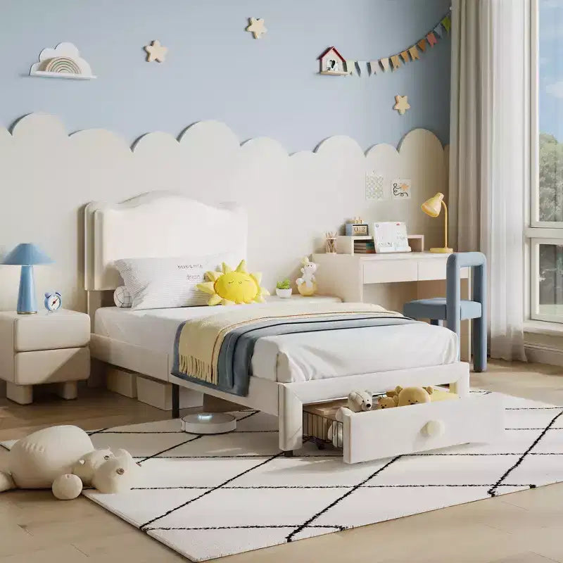 Lit pour enfant, lit plateforme jumeau rembourré, lit pour tout-petit avec tête de lit et tiroir de rangement, lit plateforme princesse